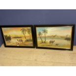 C20th Pair of oil paintings, middle eastern Arab tribesmen and camels in landscape 46.5 x 71 both