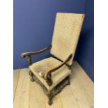 Jacobean walnut framed high back open arm chair. 128 cmH at back. Condition slightly rickety needs