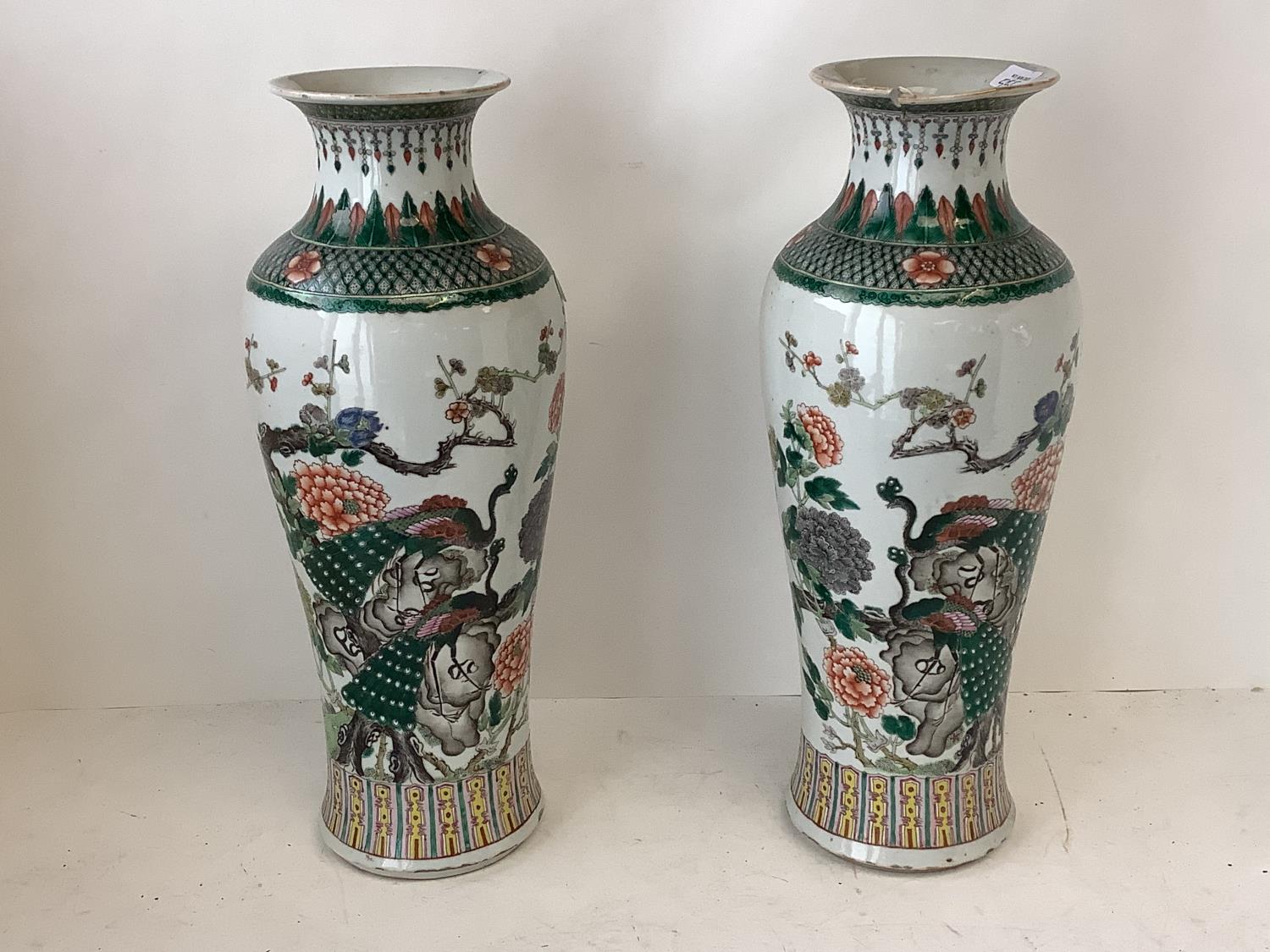 Pair tall slender white ground Chinese vases with floral and exotic bird decoration and green - Image 3 of 9