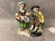 Sitzendorf small Derby figure group. Crown mark to base 11 an IT burn marks