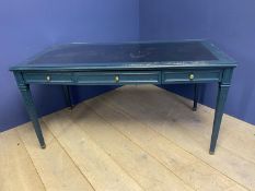 De Gournay blue painted writing table of 3 drawers and tapered reeded legs below a leather inset and