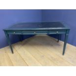 De Gournay blue painted writing table of 3 drawers and tapered reeded legs below a leather inset and