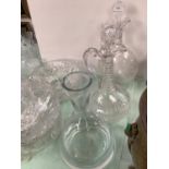 Good heavy fluted glass wine jug with ring neck and stopper, another etched wine jug - crack to neck