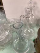 Good heavy fluted glass wine jug with ring neck and stopper, another etched wine jug - crack to neck