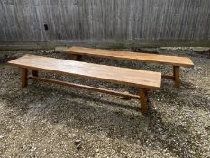 Pair good quality oak benches of heavy construction each 44 cm w x 250 L x 48 H. Condition sound,