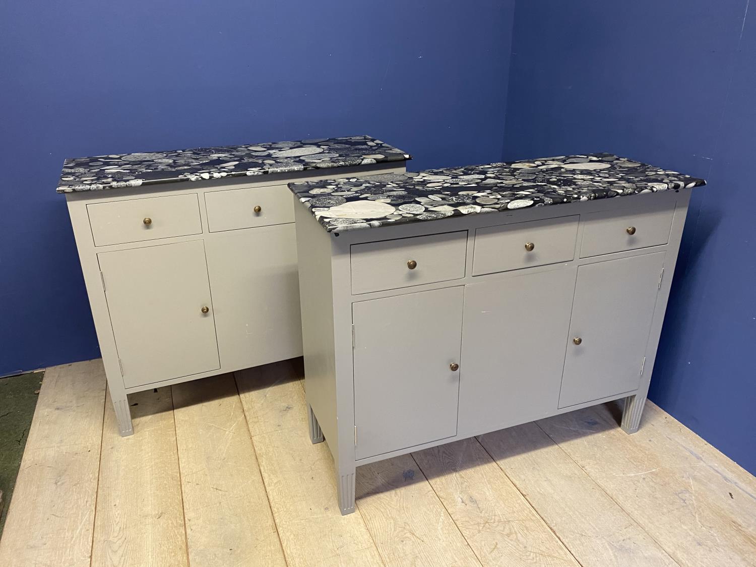 Pair of grey painted De Gournay marble top console tables each of 3 drawers, 3 cupboards. 117L x 44W - Image 2 of 2