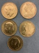 A Collection of five full sovereign coins