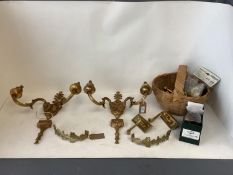 Pair of brass C18th style double sconce Adam style wall lights, and a quantity of modern brass