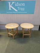 Pair of circular chip board tables, 61cm dia, 61cm high with glass tops
