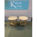 Pair of circular chip board tables, 61cm dia, 61cm high with glass tops