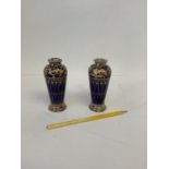 Pair Limoges hallmarked silver and blue ceramic miniature vases 11 cm H