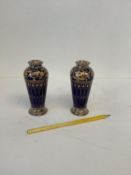 Pair Limoges hallmarked silver and blue ceramic miniature vases 11 cm H