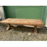 Good heavy oak long refectory table with decorative segmented inlaid panelled top 9 cm thick 300