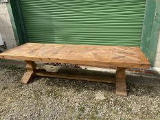 Good heavy oak long refectory table with decorative segmented inlaid panelled top 9 cm thick 300