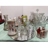 Qty glass wares including pedestal handled bowl and 2 others, vases, plain comport, decanters,