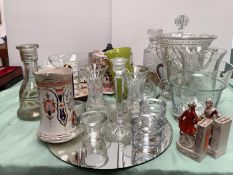 Qty glass wares including pedestal handled bowl and 2 others, vases, plain comport, decanters,