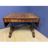 Good Regency crossbanded rosewood sofa table of 2 drawers and opposing dummy drawers on carved