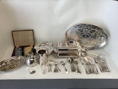 Qty of silver plate including boxed set of fish eaters, 6 place setting, set of 12 fish knives, 11