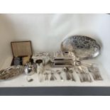 Qty of silver plate including boxed set of fish eaters, 6 place setting, set of 12 fish knives, 11