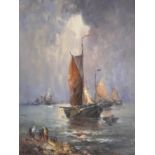 Gilt framed oil painting fishing boats under stormy skies with friends on shoreline 39 x 29.5