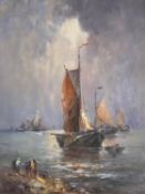 Gilt framed oil painting fishing boats under stormy skies with friends on shoreline 39 x 29.5