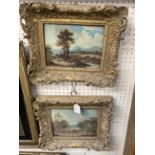 C19th continental school, pair of watercolours, country scenes with travellers 17 x 22 in carved