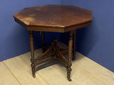 Victorian octagonal centre table with fretwork stretcher 88cm Diam x 70cm H. Condition: General wear