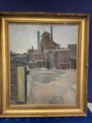 C20th oil on canvas, "industrial buildings", 74.5 x 62cm, in gilt frame, condition - some losses