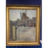 C20th oil on canvas, "industrial buildings", 74.5 x 62cm, in gilt frame, condition - some losses