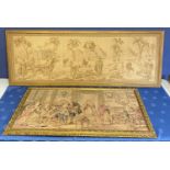 Two framed tapestrys, egyptian sccene 47 x 138cm and a late 1700 style parlour scene, 45.5 x 94cm,