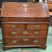 Early George I period oak bureau with stepped interior & well, English, C1720, 97h x 91w x 49d cm.