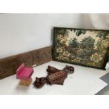 An early wooden plinth, carving of animals; a wooden tray; & a mahogany carved finial (in need of