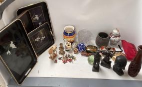 Quantity of general glass and china, and 1970s wooden South American figures and an old radiogram