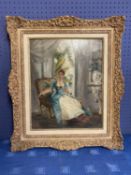 Oil on wood pannel, "lady in a dress sitting in front of an open window", not signed, 40 x 32cm