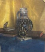 Crayon on board (?), "Still life", indistinctly signed lower right, arched 61 x 48cm approx,