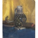 Crayon on board (?), "Still life", indistinctly signed lower right, arched 61 x 48cm approx,