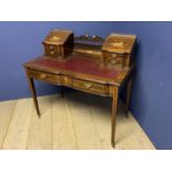 Fine quality inlaid rosewood ladies writing desk of 2 drawers, a tooled red leather top & stationary