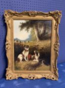 C20th oil on canvas, "dogs with field of hayricks in distance, signed indistinctly lower left, 40