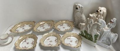 A quantity of china to include Staffordshire flat backs, Spaniels and scalloped plates, Condition: