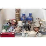 Mixed lot of ceramics including Royal Doulton Sancho Panca jug, 2 Maling jugs, Spode teapot large