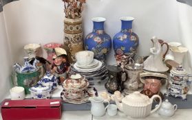 Mixed lot of ceramics including Royal Doulton Sancho Panca jug, 2 Maling jugs, Spode teapot large