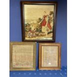 Tapestry of 2 ladies in wooden frame, and 2 tapestry samplers, both framed and glazed