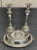 Pair Regency Sheffield plate candlesticks and oval breakfast bacon dish and cover by Finnigin's