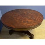 William IV red walnut mahogany circular snap top pedestal loo table on triform base. 130cm Diam x 72