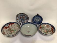 2 Chinese C19th porcelain bowls in Imari colours, a Chinese export porcelain bowl 26cm (restored),