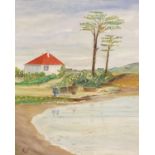 GEORGE S WISSINGER, OIL ON ARTIST BOARD, "horse and figures at waters edge", signed, 59.5 x 49.5cm