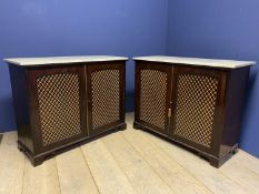 Pair Regency mahogany marble top side cabinets with brass grille doors, each 113cm L x 44cm D x 91cm