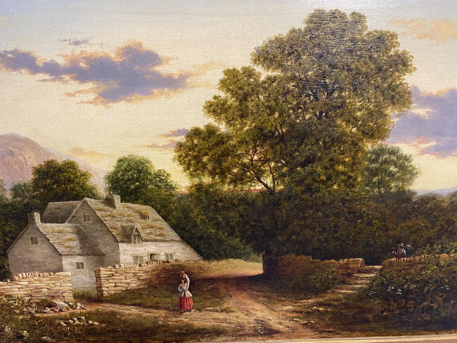 C19th, Oil on canvas, English School, "Peasants returning home at sunset", 39 x 59.5c, in gilt