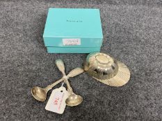 Tiffany & Co. boxed hallmarked silver jockeys cap & pair of hallmarked silver spoons, crested,