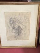 Style of LAURA KNIGHT Framed and glazed charcoal drawing of horses , bears signature